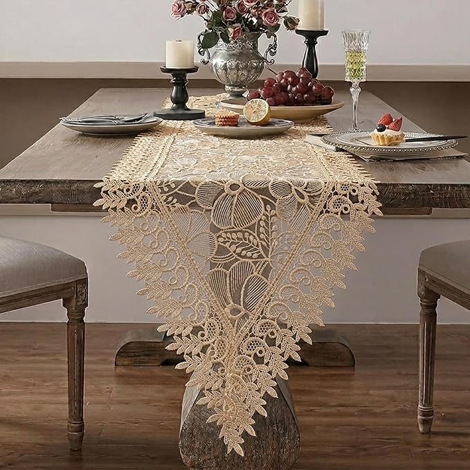 SIOLOC 2 Pack Champagne Lace Runner 14x48, Floral Embroidered | Matching - Image 6