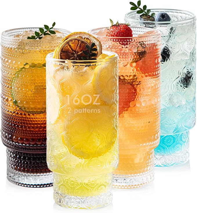 16oz Drinking Glasses Set of 4, 2 Hobnail Glasses & 2 Embossed Water Goblets by Polishyourdreamlightupthefuture
