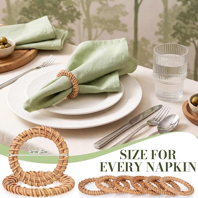 25 Pcs Boho Woven Rattan Napkin Rings Bulk Rustic Style Round Dining Table - Image 2