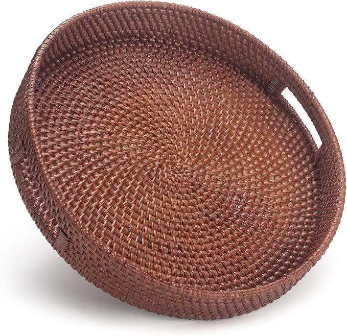13.8 inch Round Rattan Tray, Decorative Coffee Table Tray, Ottoman Trays by YANGQIHOME