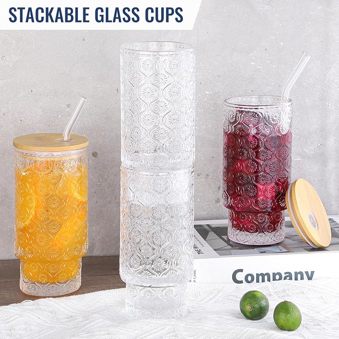 16 Oz Glass Cups Set of 4, Vintage Embossed Floral Glass Tumbler, Iced Coffee - Image 6