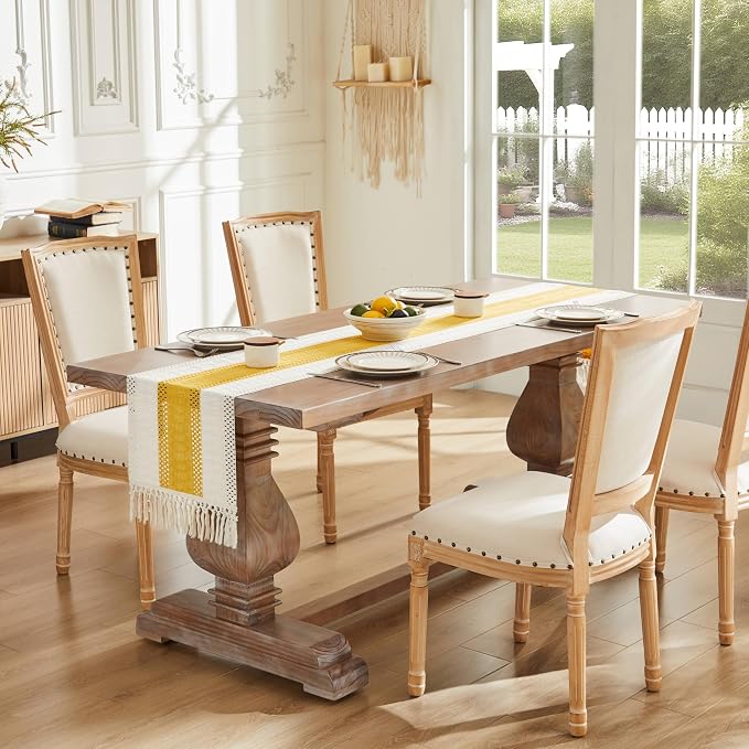 Macrame Style Bicolor Stitching Table Runner 14x60in Mustard | Woven Boho Table - Image 2