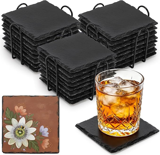 ZOOFOX 24 Pieces Drink Coasters, 4 Inch Square Slate Stone Coaster by zoofox