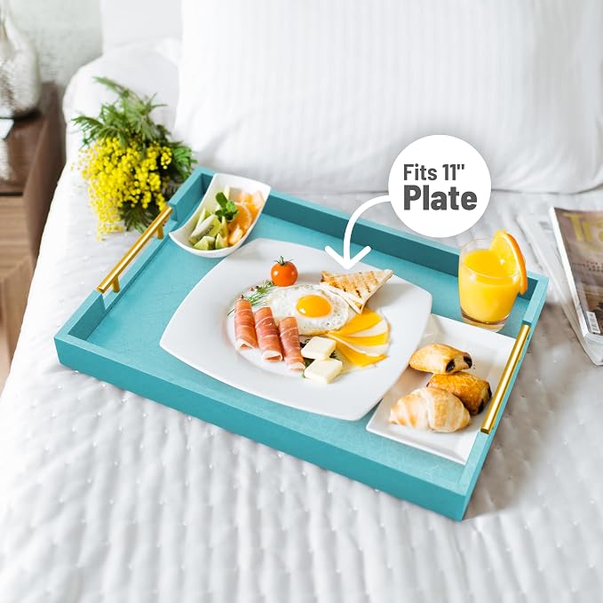 ATZYmolin 17"x12" Leather Serving Tray, Polished Metal Handles, Coffee Table - Image 3