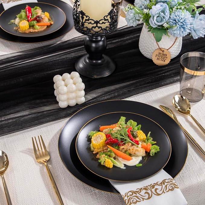EI 350Pcs Black and Gold Matte Frosted Plastic Plates Disposable Heavy Duty - Image 5
