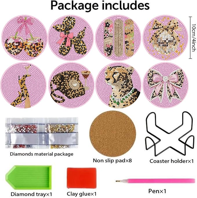 VIGEGU 8 Pack Pink Leopard Diamond Art Coasters Kits- Diamond Painting Coasters - Image 3