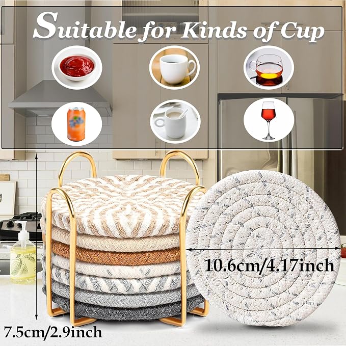 Golden Woven Coasters Set of 8, Absorbent Drink Coasters - Image 2