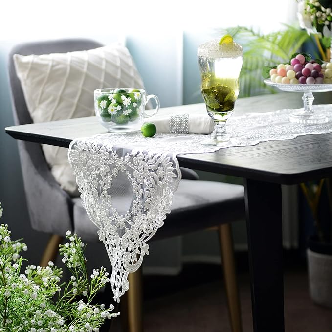 SUTAVIA Lace Patio Table Runner 12"×48" White Embroidered Dresser Scarf | - Image 3