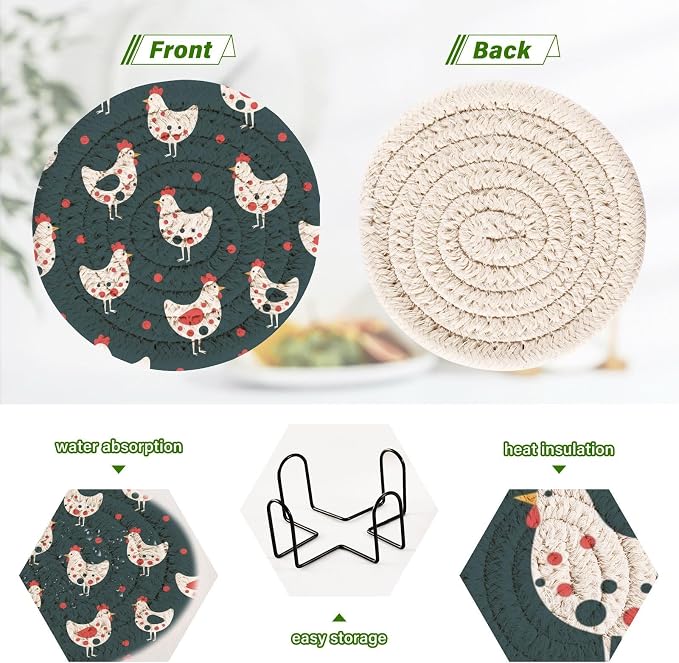 Chickens Dots Black Print Coasters - Image 4