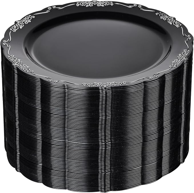 DaYammi 60PCS Black and Silver Plastic Plates, Heavy Duty Black and Silver by DaYammiwillaccompanyyou