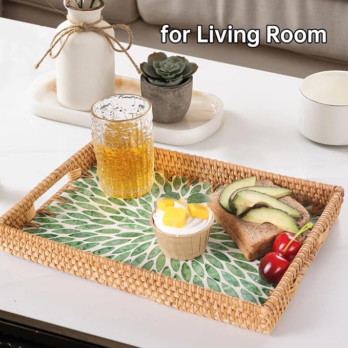 Rectangle Rattan Tray with Mother of Pearl Inlay, Rattan Serving Tray with - Image 5