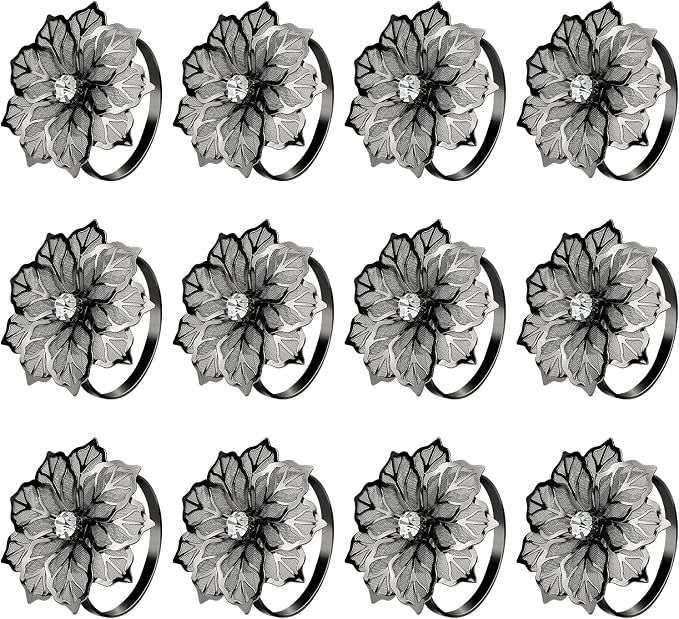 KPOSIYA Flower Napkin Rings Holder Metal Black Napkin Rings Set of 12 by KPOSIYA
