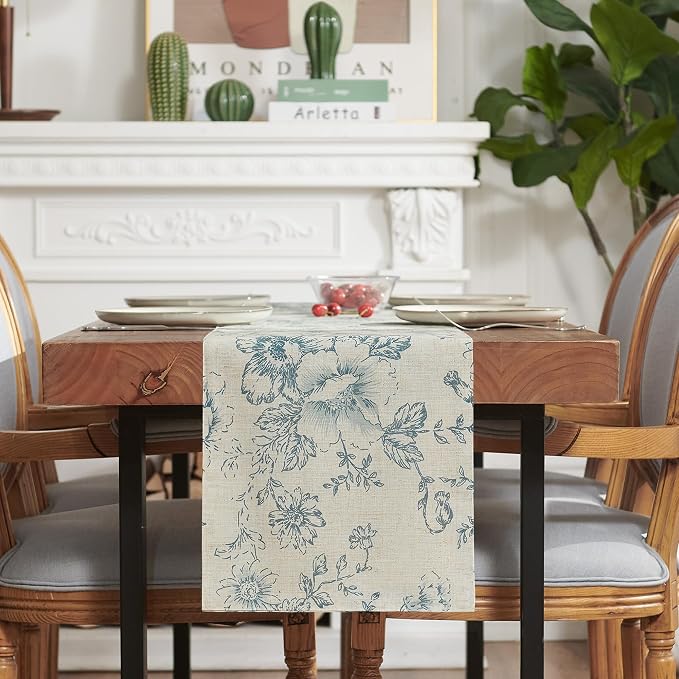 jinchan Blue Floral Linen Table Runner 13 x 108 Inch Farmhouse | Classic - Image 7
