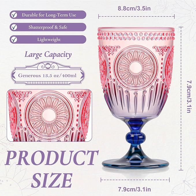 XUWAIDSGN 24Pcs Plastic Vintage Wine Glasses 13.5oz Reusable Embossed Goblet - Image 4