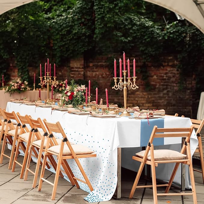 8Pack Disposable Plastic Tablecloths and Satin Table Runner Set White and Light - Image 7