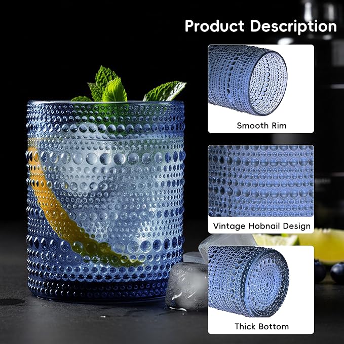 Moretoes Blue Hobnail Drinking Glasses Set of 6, Vintage Glass Cups | 12 Oz - Image 5