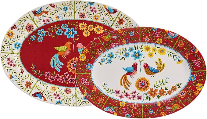 Bico Red Spring Bird 16 plus 14 inch Oval Platters Set, Microwave and by Bico