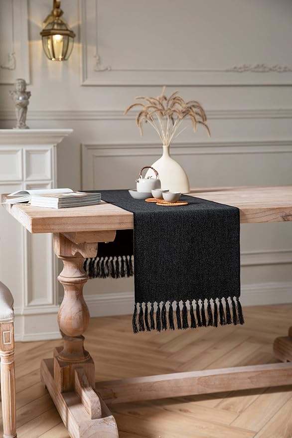 Black Table Runners 60 Inches Long, Burlap Linen Style Rustic Farmhouse Table - Image 3