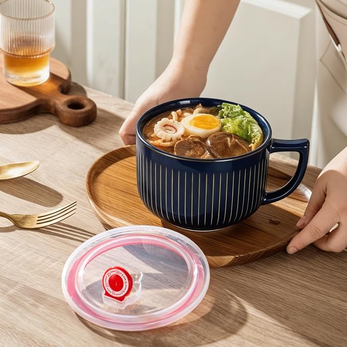 Soup Bowl with Handle & Lid, Jumbo 38oz Microwave Ramen Bowl Vintage Blue | - Image 3