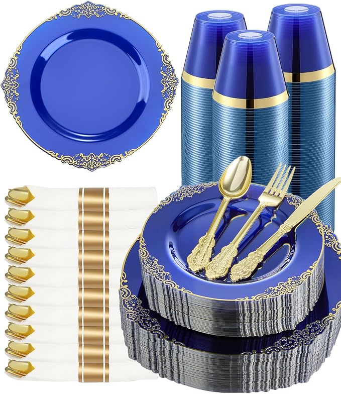 350 Piece Clear Blue Plastic Dinnerware Set by GoodLuck