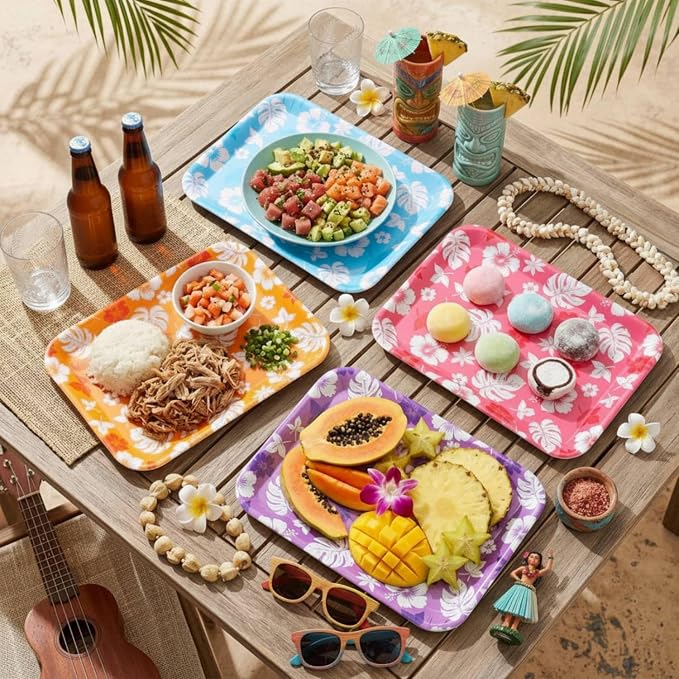 4 Pieces Tropical Serving Trays Hibiscus Floral Melamine Platters Reusable - Image 4