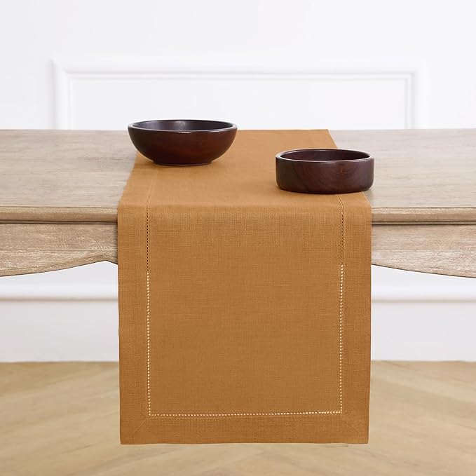 Solino Home 100% Pure Linen Table Runner Brown Sugar Hemstitch, 14 x 132 in | by SolinoHome