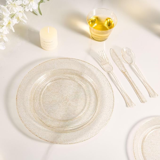 BESTVIP 600PCS Gold Glitter Dinnerware Set - Image 6