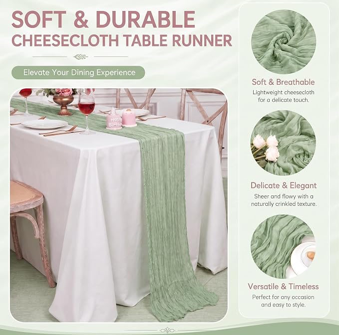 12 Pack Sage Green Cheesecloth Table Runner 17x108 Inch Boho Rustic Semi Sheer - Image 5