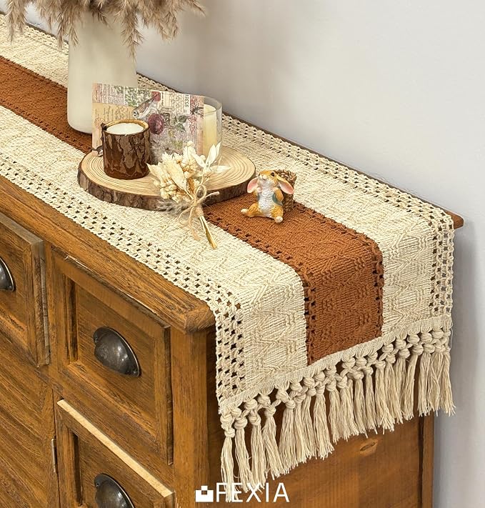 Boho Table Runner for Home Decor 12x36 Fall Coffee Table Decor Caramel | 36 - Image 5