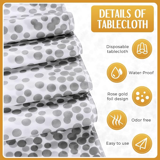 24 Packs White and Silver Disposable Plastic Tablecloths and Satin Table Runner - Image 3