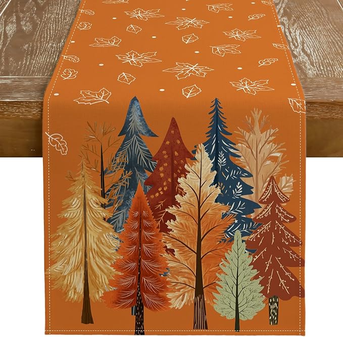 Fall Watercolor Trees & Maple Leaves Table Runner 13x90 Inch, Rustic Farmhouse by GEEORY