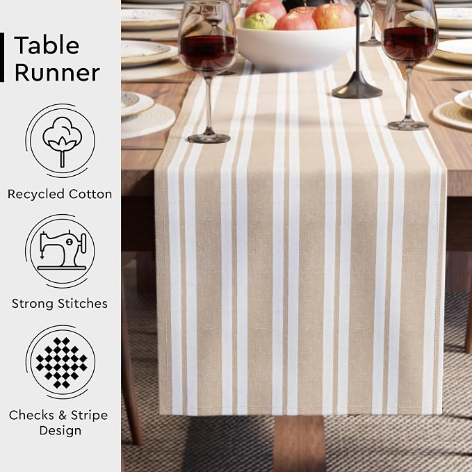 Encasa XO Table Runner, Woven Cotton Dining Runner 13"x104" Franca Beige Stripes - Image 3