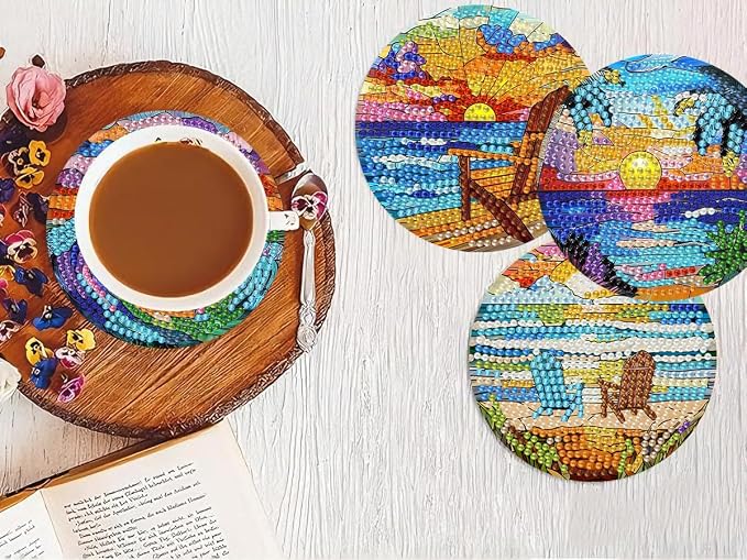 8 PCS Diamond Art Coasters Kits Sunset Beach Diamond Painting Coaster | Diamond - Image 8