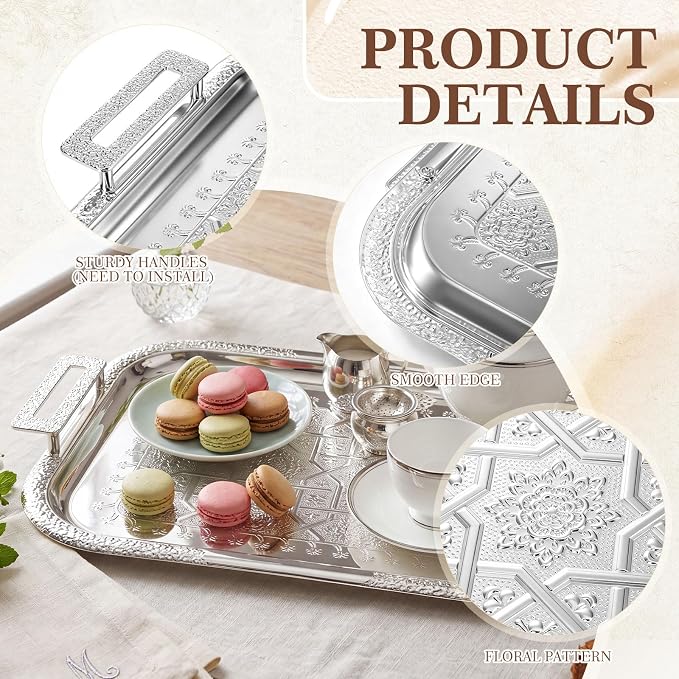4 Pack Serving Tray with Handles 15.16 x 11.92 Inch Large Metal Plate Floral - Image 7