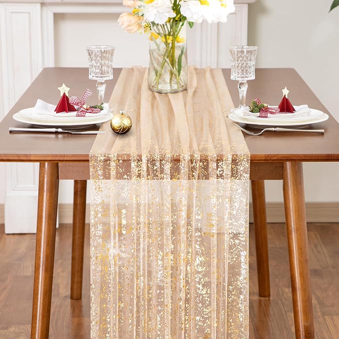 SiinvdaBZX Beige Gold Sheer Tulle Table Runner 120 Inch/10 Ft Long | Gauze - Image 3