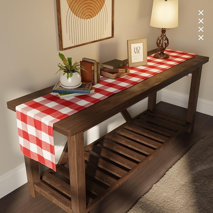 Encasa XO Table Runner, Woven Cotton Dining Runner 13"x59" | Buffalo Red Checks - Image 2