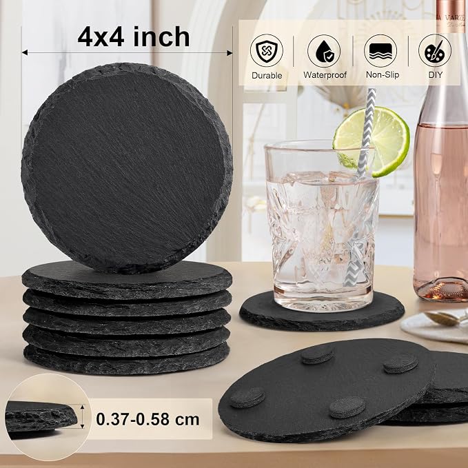 24 PCS Slate Drink Coasters Bulk, MAPRIAL 4 Inch Round Black Rustic Stone - Image 2
