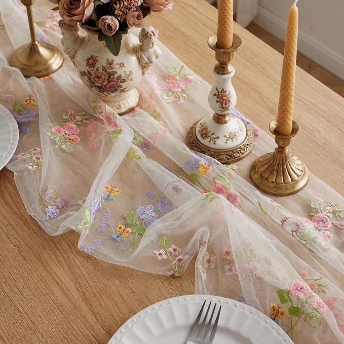 Ivory White Floral Table Runner 10ft Embroidery Tulle Spring Wildflower Table - Image 4