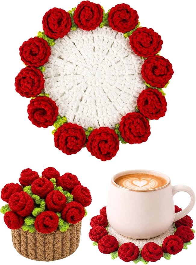 Crochet Flower Bouquet Coasters, Cotton Rose Gifts by KQJS
