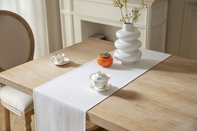 White Table Runners 60 Inches Long, Burlap Linen Style Rustic Farmhouse Table - Image 4
