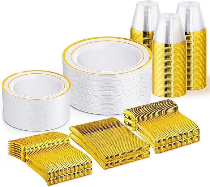 WELLIFE Gold Plastic Plates, knives and spoons by WELLIFE