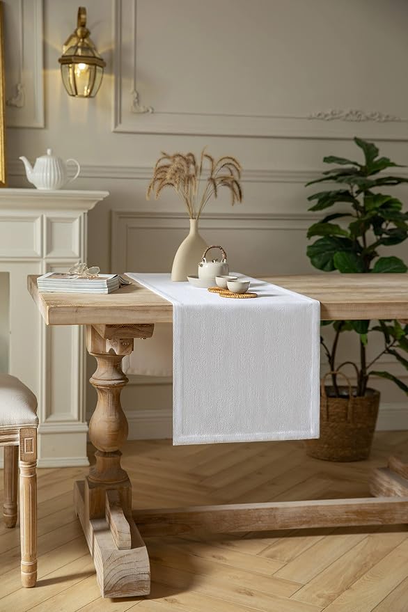 Burlap Style Farmhouse Table Runner, 14x108 Inches White | Thick Durable Fabric - Image 3