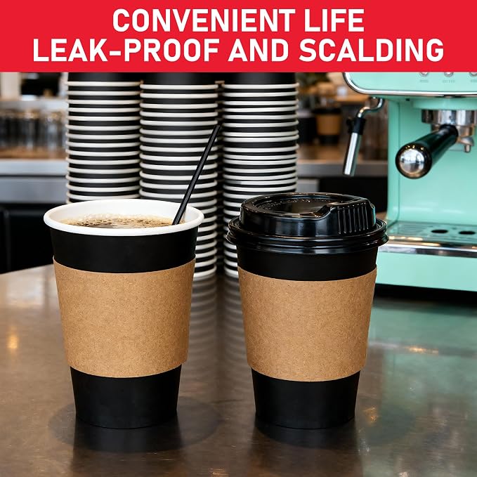 12 oz Paper Coffee Cups with Lids 100 Pack, Sleeves and Stirring Sticks - Image 4