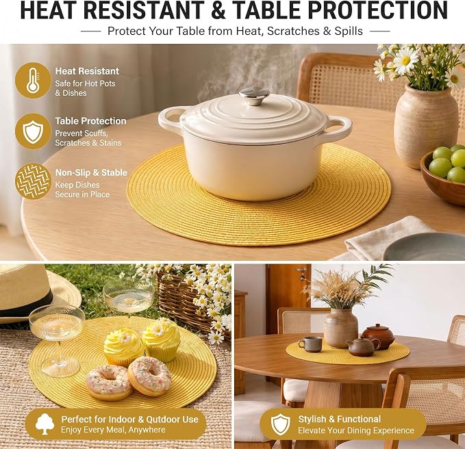 FunWheat Round Braided Placemats Set of 6 Table Mats - Image 7