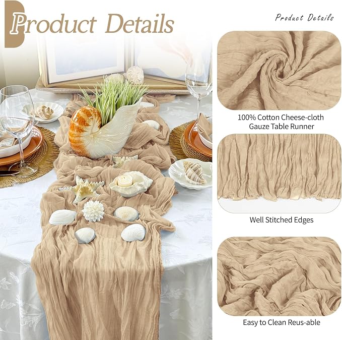 3 Pack Beige Cheesecloth Table Runner 17x108 Inch Semi Sheer Boho Gauze Cheese - Image 5