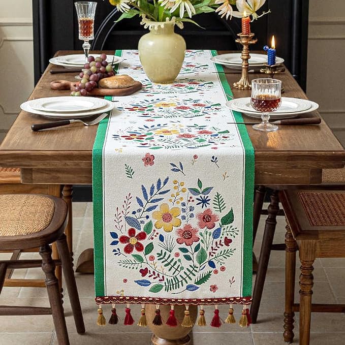 Floral Table Runner with Tassel Edges, Cotton Blend Decorative Runner - Image 4