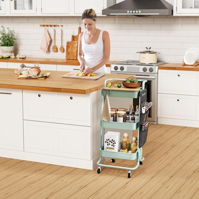 DTK 3-Tier Rolling Cart with Table Top, Metal Utility Cart with Side Bags | - Image 7