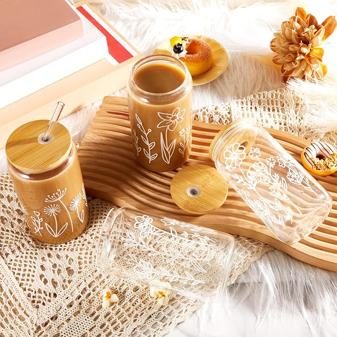 Mumufy 4 Pack Glass Cups Gift Aesthetic Cute Glass Cup Tumbler Flower Iced - Image 5