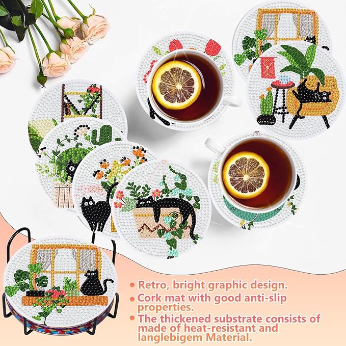 8 PCS Diamond Art Coasters Kits Black Cat Diamond Painting Coaster | Diamond - Image 5