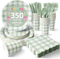Vyntra 350 Pcs Sage Green Gingham Paper Plates and Napkins Set by PartyTablewareSupplies